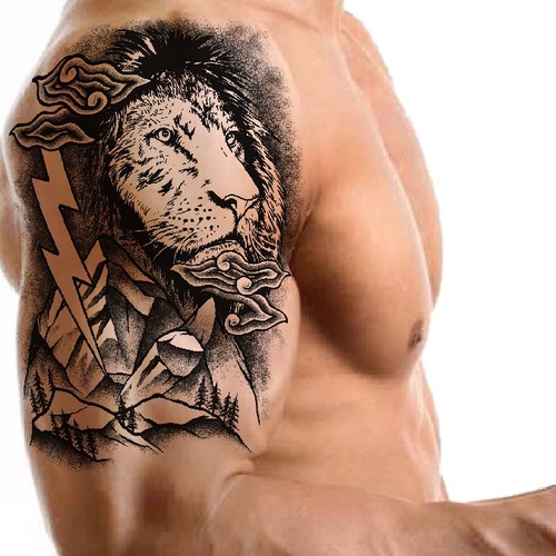 Mountain, lion and a lightning tattoo (right-side shoulder to arm) Design by vega bayu