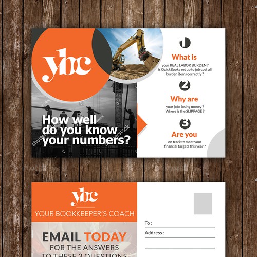 Fun postcard/flier marketing bookkeeping support to general contractors Design by idea@Dotcom