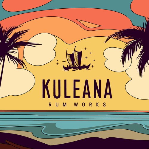 Vector illustration of Hawaiian sunset with clouds in retro style incorporating logo Design by Anastasia1995