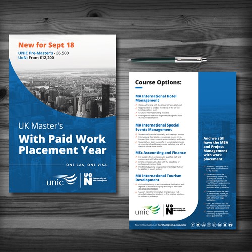 Design our new University flyer promoting Master's with paid work placement options Design by Elven Song