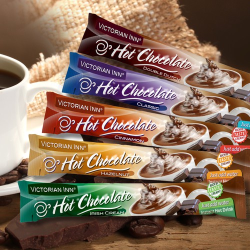 Packet design for single-serve hot chocolate mix! Design by Hunny