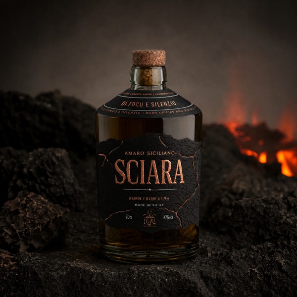 Design by Davide Rino Rossi titled "Sciara — Sicilian amaro label"