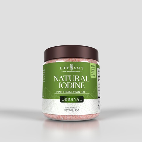 Label for Natural Iodine Pink Himalayan Salt that is fused with Seaweed Design by sougatacreative