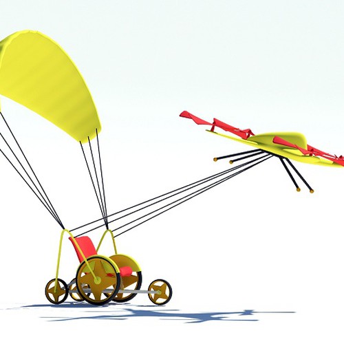 Make a printable 3d model of a paragliding wheelchair being pulled by quadcopters. Design by ututkusumadhata