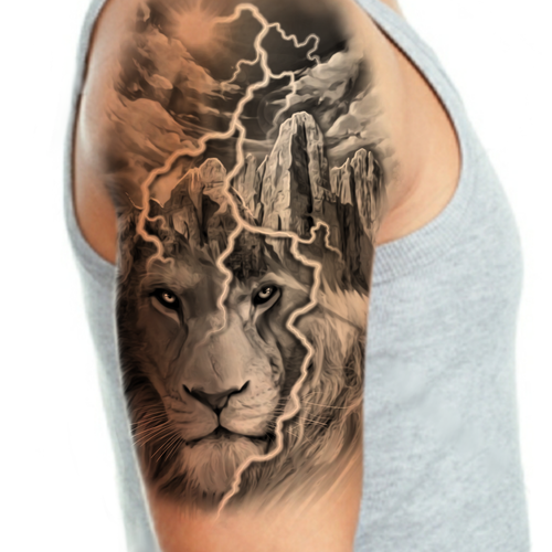 Mountain, lion and a lightning tattoo (right-side shoulder to arm) Design by Tattoodream