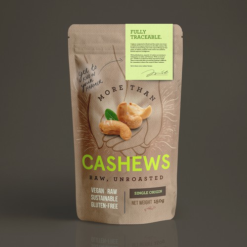 Create a beautiful stand up pouch for Sustainable, Single Origin Cashew Nuts Design by nadezdazda