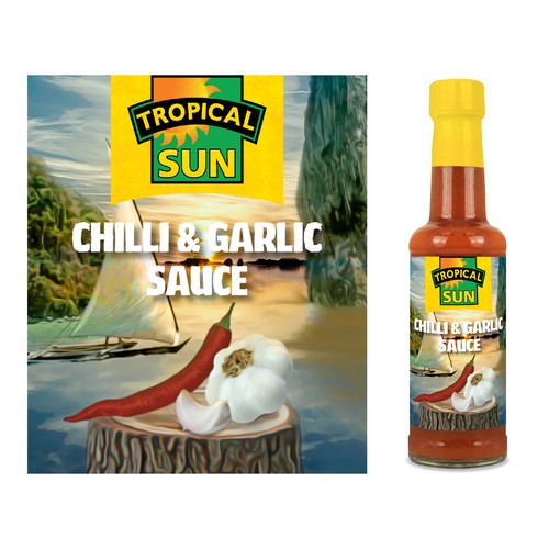 Design Tropical Sun Chilli & Garlic Sauce Label Digital Painting por Laura Ruesch