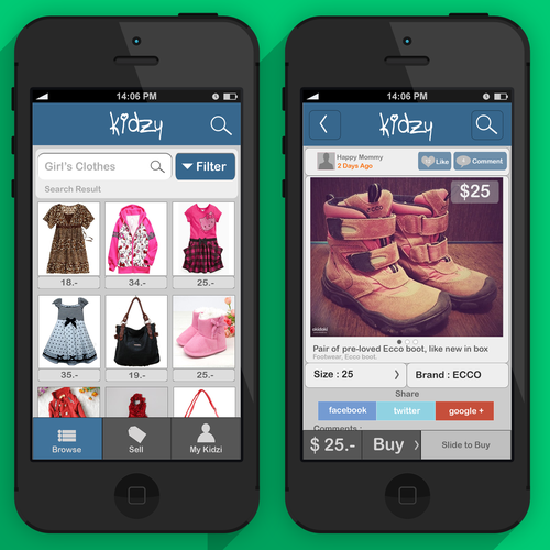 Mobile App Kidzy 2 simple screens + Logo. Design by Hakaba