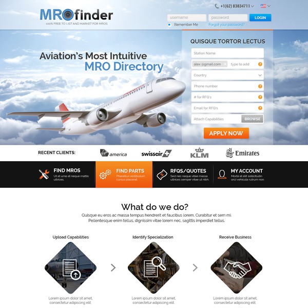 Design by bluegdsgn titled "MRO Finder Landing Page"