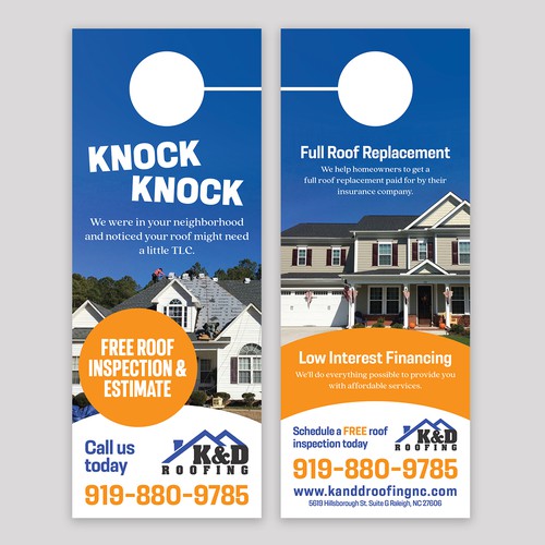 Need an ATTRACTIVE door hanger for K&D Roofing! Diseño de Jordon