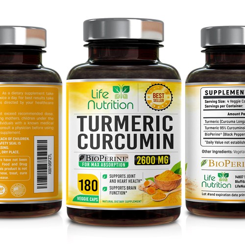 Life Nutrition needs a "beautiful label" for its Turmeric Extract bottle -  (Two (2) Winners will be awarded! ) Design by 18-Designs