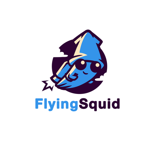 Logo of a squid wearing a jetpack for product named FlyingSquid Design by Rock N Draw
