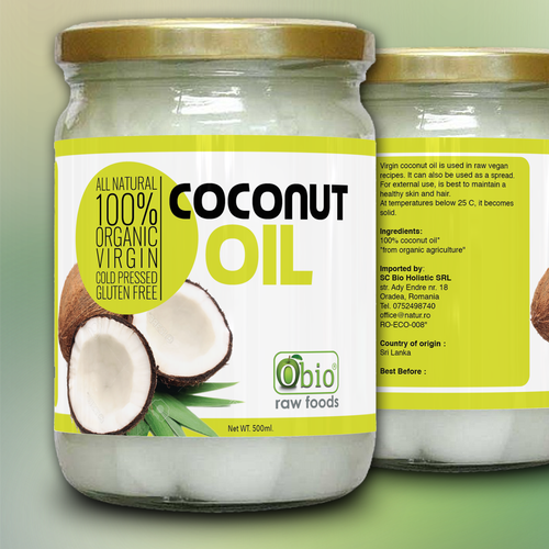 Create a modern and clean label for organic coconut oil 500ml jar
