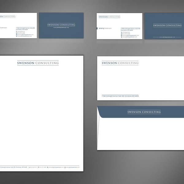 Design by Fearsome_Design titled "Create business card, letterhead and envelopes for Swenson Consulting"
