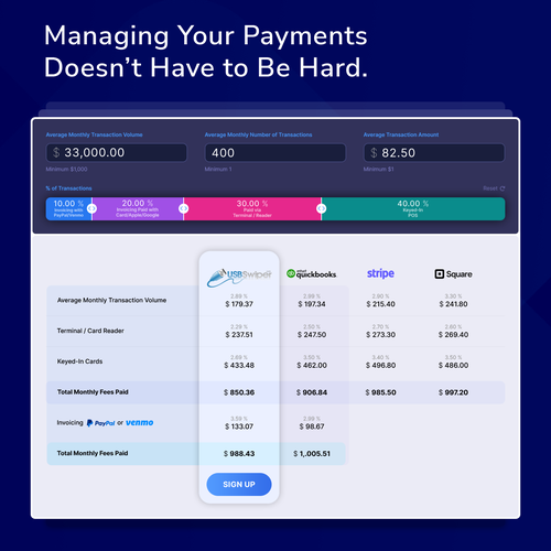 Design a landing page for a credit card processing comparison calculator. Design by Nash Radak