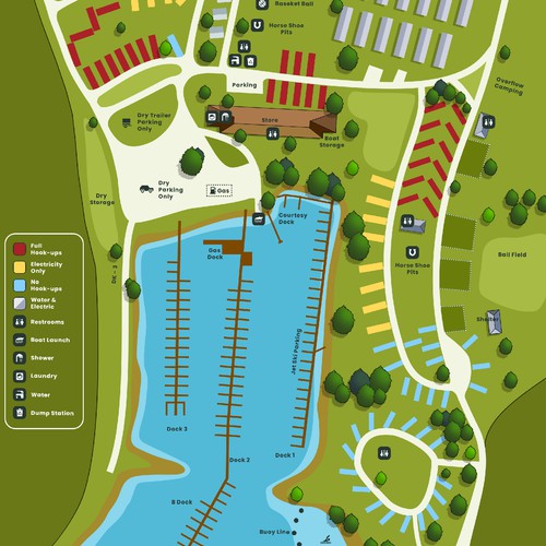 Please design a simple, fresh, updated map of our campground and marina for our website Design by Active Theory ✦✦✦