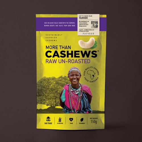 Create a beautiful stand up pouch for Sustainable, Single Origin Cashew Nuts Design by Pepper Pack Design