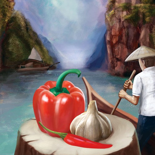 KuwagoniteさんのTropical Sun Chilli & Garlic Sauce Label Digital Paintingデザイン