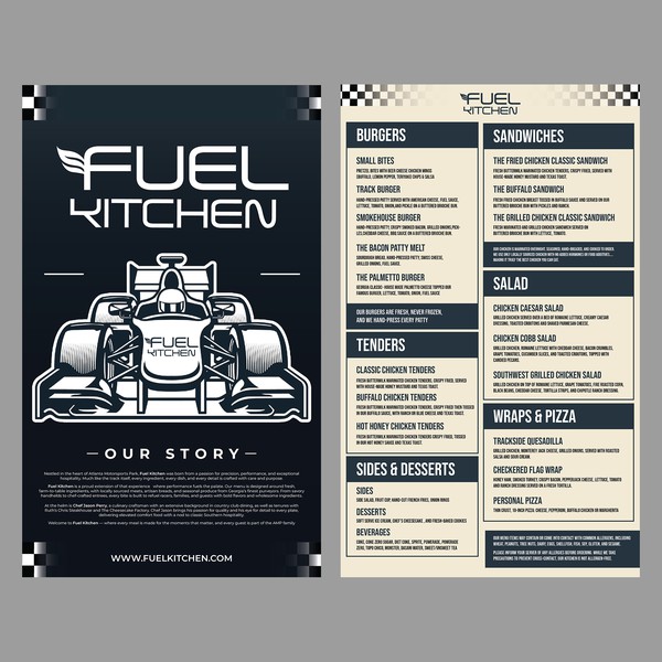 Design by HADI CREATIVE titled "Design a Restaurant Menu for Fuel Kitchen at Atlanta Motorsports Park"