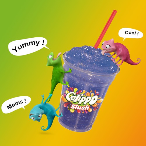 Design a funny and cool brand-mascot for a slush drink (ice cream