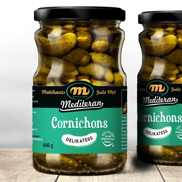 Design by Vasily ERA titled "Mediterranen pickled cornichon cucumbers (Jar Label Design) "