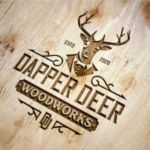 Vintage Dapper Deer logo for high-end woodworking. Design by creta