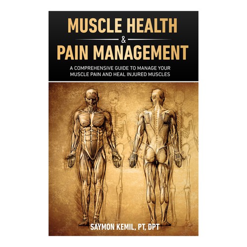 Book cover with a drawing images of the human anatomy combining muscles and bone structure. Design by Inspiremind