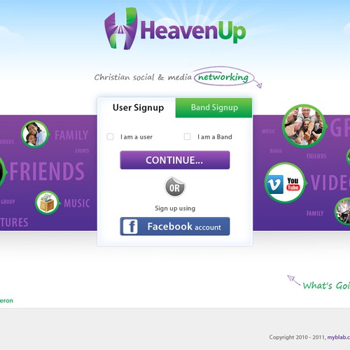 HeavenUp.com - Main Home Page ONLY! - Christian social and media networking site.  Clean and simple!    Design by 3dicon