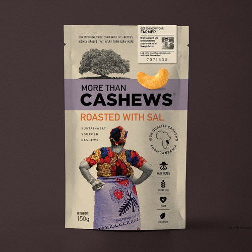 Create a beautiful stand up pouch for Sustainable, Single Origin Cashew Nuts Design by Pepper Pack Design