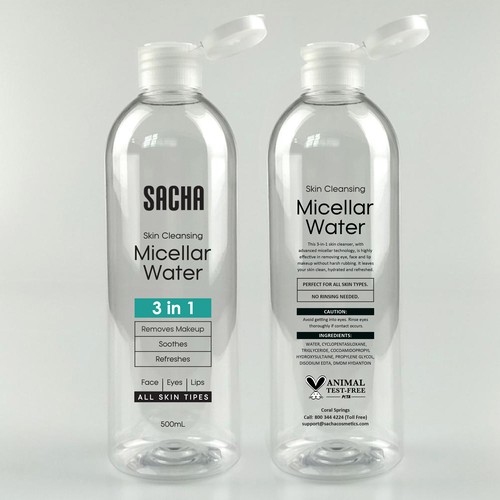 Sacha Micellar Water bottle 500ml Design by Claudia Gabriela