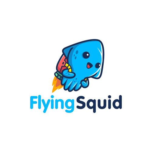 Logo of a squid wearing a jetpack for product named FlyingSquid Design by palugongso