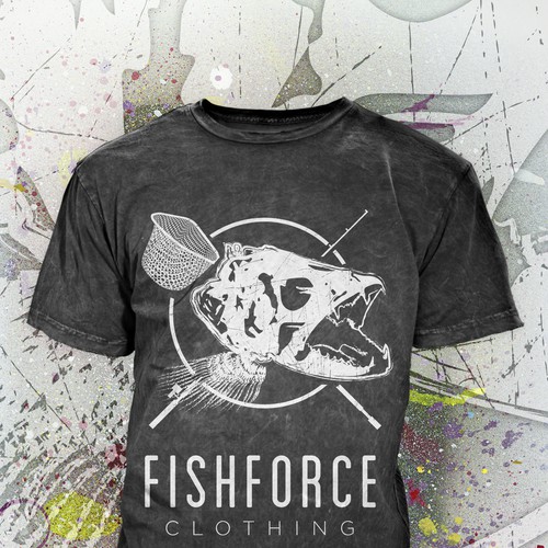 Design a fish-skull-t-shirt with crossed fishing rod and landing