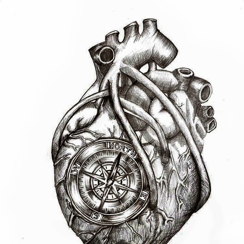 Greyscale Drawing of Da Vinci Anatomical Heart w/ Nautical Compass for Tattoo Design by Arewy