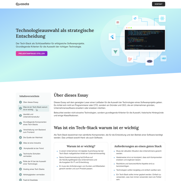 Modernes Webdesign für Tech-Stack Landingpage einer Softwarefirma