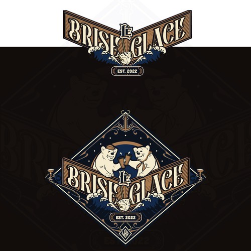 Board game bar logo with tavern design, inspired by vintage ice breaker boat atmosphere - official name is "Le Brise-gla Design réalisé par C1k