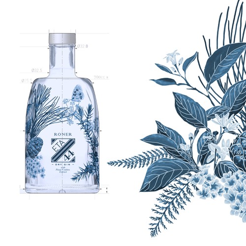 Gin Bottle & packaging design + merchandising Design by virunga