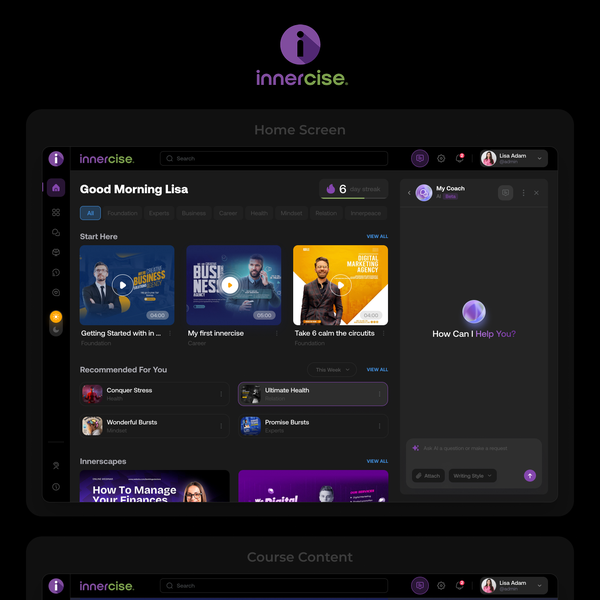 Design by Design illusion titled "⚠️ #1 AI Powered Mindset Coaching & Mental Fitness Training App: Innercise 2.0 - Web App Design"