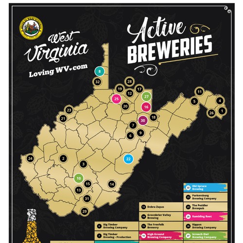 Localized Scratch Map Poster Featuring Breweries from West Virginia, USA Design by tomcept