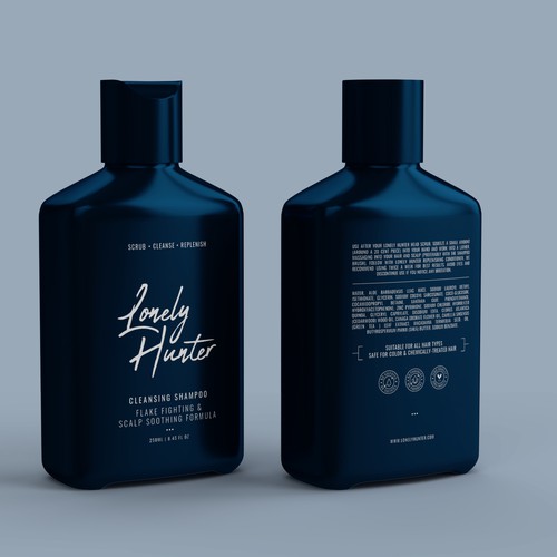 Minimalist shampoo bottle design for approachable male hair brand Design by CUPEDIUM