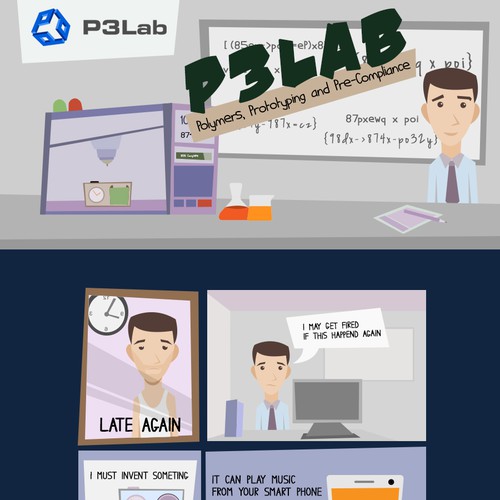 Guy makes alarm clock using P3Lab facilities/knowledge (explaining with cartoon what P3Lab is about) Design by PassionArt