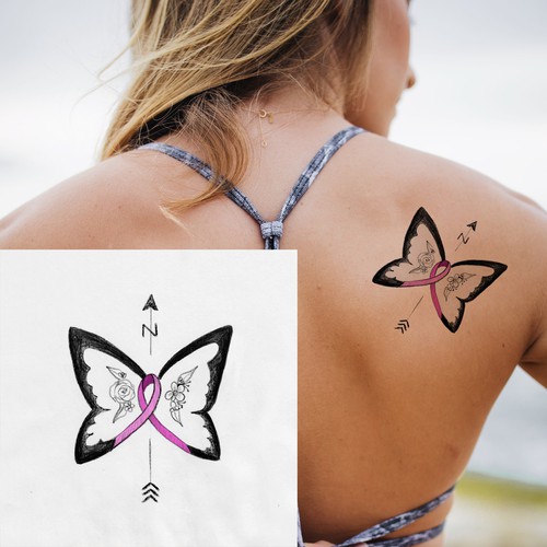 Illustration tattoo with butterfly, flowers, and a breast cancer ribbon |  Tattoo contest | 99designs