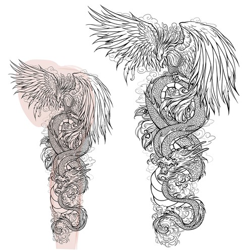 Tattoo Design: Full color Japanese style sleeve of Phoenix and Dragon Design by Anastasia1995