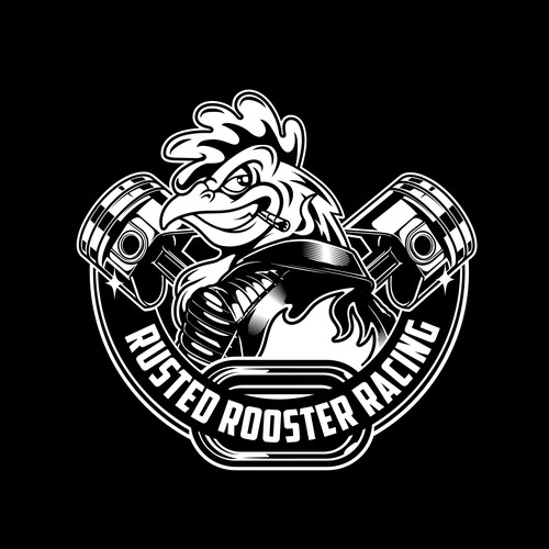 Rooster smoking a cigar looking over his shoulder. Black & white. Design by harwi studio