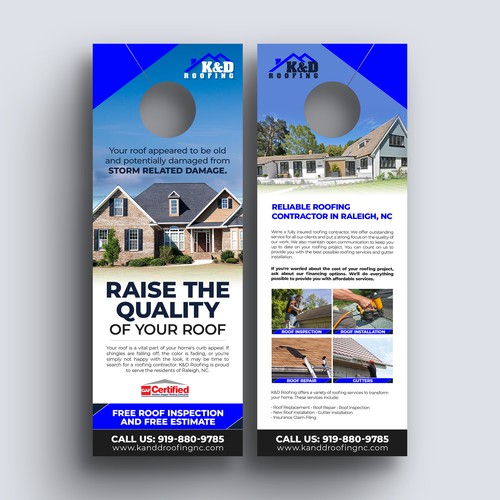 Need an ATTRACTIVE door hanger for K&D Roofing! Design by Distinguish♐︎