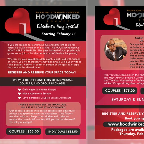 Create a captivating Valentine's Day Flyer for Hoodwinked Escape Réalisé par Mikesclusive