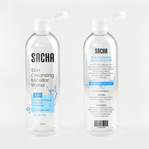 Sacha Micellar Water bottle 500ml Design by Artist@Joy