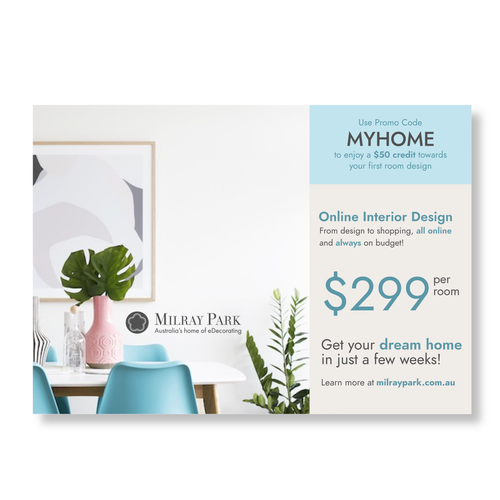 Design a mailbox flyer for an online interior design company Postcard