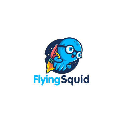 Logo of a squid wearing a jetpack for product named FlyingSquid Design by palugongso