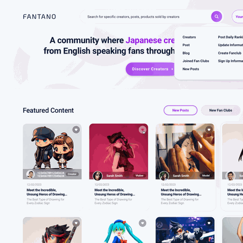 Design a membership fan club site where Japanese creators connect with English speaking supporters Design by Alex Capellan.