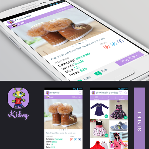 Mobile App Kidzy 2 simple screens + Logo. Design by Woolfred